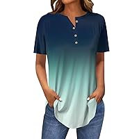 Flowy Tops for Women V Neck Button Short Sleeve Tee T Shirts Summer Henley Pullover Casual Gradient Color Shirts