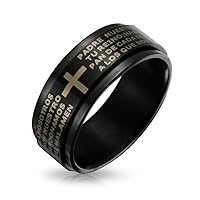 Bling Jewelry Personalized Unisex Religious Padre Nuestro Lords Pray Cross Fidget Spinner Ring Band For Men Women Teens Black Silver Tone Stainless Steel