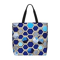 Blue Hexagons and Diamond Tote Bag with Zipper for Women Inside Mesh Pocket Heavy Duty Casual Anti-water Cloth Shoulder Handbag Outdoors
