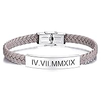VIBOOS Name Bracelet for Him Customized Bracelets for Men Personalized Stainless Steel Genuine Leather Engraving Adjustable