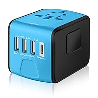 Travel Adapter Worldwide, Universal International Power Plug Adapter W/2.4A 3xUSB-A and 3.0A Type-C Wall Charger, European Travel Plug Adapter for Europe UK EU US CA AU Italy Asia-Blue