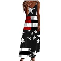Womens Spaghetti Strap July 4th Sundress Summer Casual Maxi Dresses American Flag Long Dress Beach Vacation Clothes