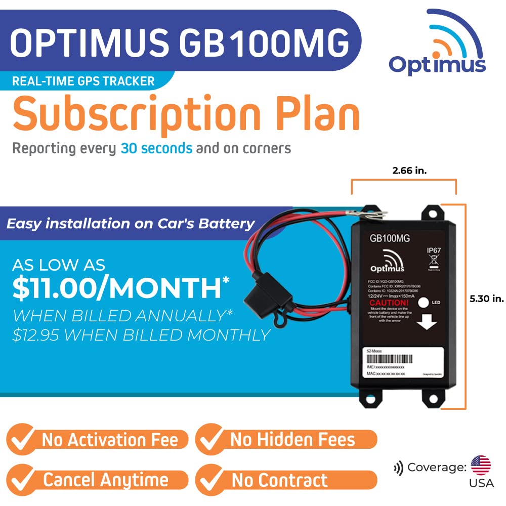 Optimus GB100M GPS Tracker for Vehicles - Easy Installation on Car's Battery - Low Cost Subscription Plan Options