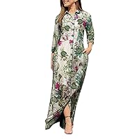Womens Fashion Button Down Long Sleeve Maxi Dress Casual V-Neck Collared Sexy High Split Loose Tunic Long Dresses