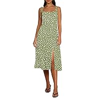 AIMCOO Womens Shoulder Tie Spot Print Front Slit Midi Dress Sweetheart Neck Smocked Back Dresses Casual Boho Summer Sundress