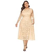 IMEKIS Plus Size 3/4 Sleeve Floral Lace Cocktail Dress for Women Sexy Scoop Neck Wedding Guest Midi Dress with Pockets