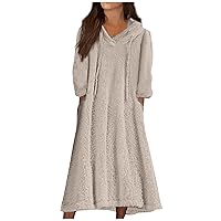 Dresses for Women Casual Round Neck Long Sleeve Pullover Ruched Button Dress Long Sleeve Dress