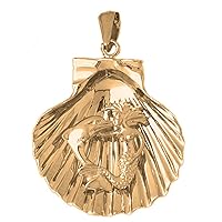 18K Yellow Gold Shell With Mermaid & Dolphin Pendant, Made in USA