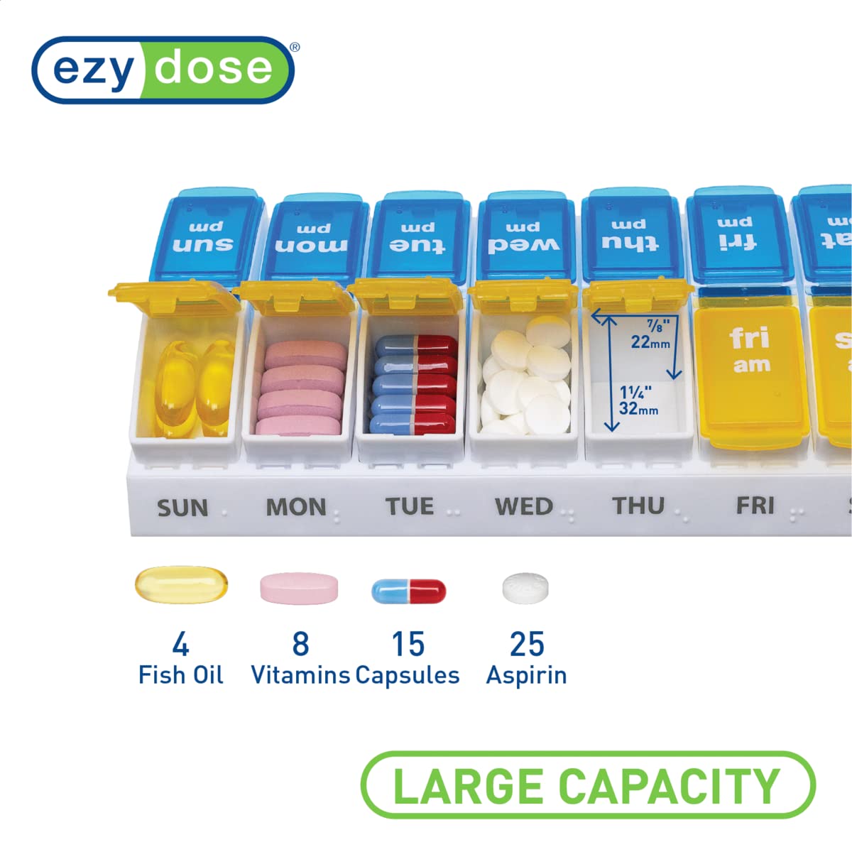 EZY DOSE Weekly (7-Day) AM/PM Pill Case, Medicine Planner, Vitamin Organizer, Large Pop-Out Compartments, 2 Times a Day, Blue and Yellow Lids