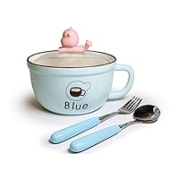 Cutie Design Microwavable Ceramic Noodle Bowl with Handle and Glass Lid With Phone Holder Fine Porcelain Spoon And Fork Included!