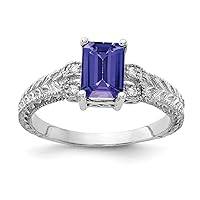 Solid 14k White Gold 7x5mm Emerald Cut Tanzanite Blue December Gemstone Diamond Engagement Ring (.04 cttw.)