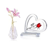 YWHL Crystal Lily Flower Figurine with Vase, Heart Shaped Red Rose Gifts for Women, I Love You Gift for Engagement/Wedding/Anniversary/Mother's Day