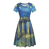 GLUDEAR Women's Summer Casual Van Gogh 3D Print Short Sleeve T-Shirt Swing Dress