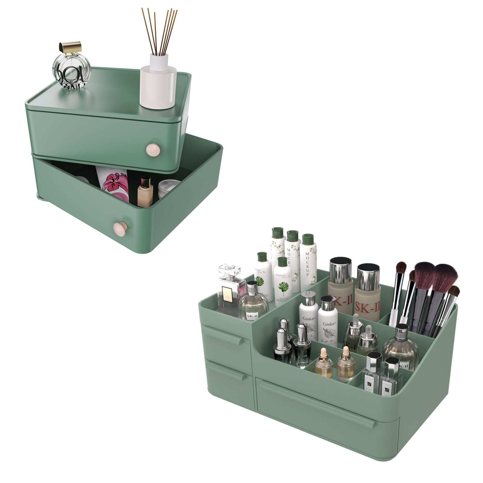 Makeup Organizer with Drawer, Stackable Countertop Organizers and Storage Boxes for Vanity, Bathroom and Bedroom Cosmetics Display Case for Brushes, Lotions, Perfumes, Eyeshadow and Lipstick, Green