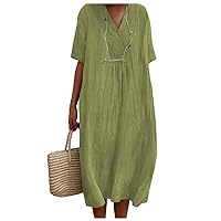 Short Sleeve Linen Dress for Women Summer V Neck Shift Dress Loose Casual Swing T-Shirt Dress Beach Party Midi Dresses