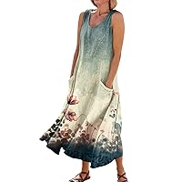 Linen Dress for Women 2024 Summer Printed Sleeveless Long Dress Flowy Tank Dress Casual Maxi Dresses with Pockets