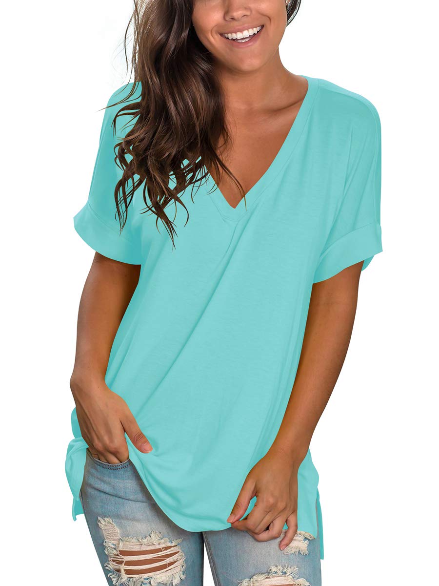 SAMPEEL Women's V Neck T Shirts Casual Rolled Short Sleeve Side Split Summer Tops Loose Fit
