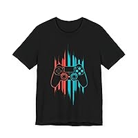 Black Video Game Controller with Red and Blue Vertical Stripes Gaming Event Style Design t-Shirt for Men, Women, Kids