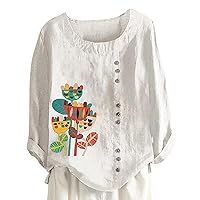 YZHM Linen Tops Women Plus Size Long Sleeve Shirts Flower Print Blouses Loose Fit Graphic Tees Comfy Tunic Tops Soft Tshirts