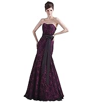 Purple Mermaid Strapless Lace Up Back Prom Dress with Black Lace Overlay