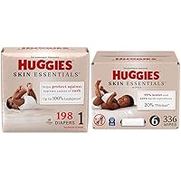 Bundle of Huggies Size 1 Diapers, Skin Essentials Baby Diapers, Size 1 (8-14 lbs), 198 Count (3 Packs of 66) + Huggies Skin Essentials Baby Wipes,99% Water, 6 Flip Top Packs (336 Wipes Total)