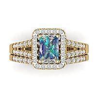 Clara Pucci 1.65 ct Emerald Cut Halo Solitaire Accent Ideal VVS1 Blue Moissanite Modern Wedding Ring Band set 18K Yellow Gold