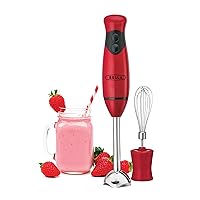 Immersion Hand Blender, Portable Mixer with Whisk Attachment - Electric Handheld Juicer, Shakes, Baby Food and Smoothie Maker, Stainless Steel, Red