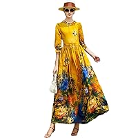 Women's Floral Print Rayon Dress 3/4 Sleeves Crew Neck Zip Casual Party Maxi Dresses