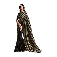 Black Indian Satin Silk Foil Striped & Crushed One minute saree Ready to wear sari 3527