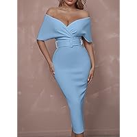 Fall Dresses for Women 2023 Off Shoulder Surplice Front Buckle Belted Dress Dresses for Women (Color : Baby Blue, Size : Small)