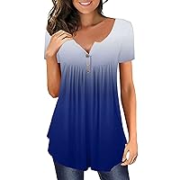 Layered Cute Short Sleeve Tee Shirts Ladie's Summer Party Thin Pleated Blouse Lady Henley Gradient Color