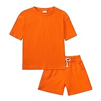 KISBINI Toddler Kids Plain Short Sleeve T-Shirt and Shorts Set Unisex Cotton Summer Outfit Clothes for Little Boys or Girls