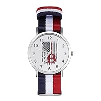 Vintage Bitcoin USA Red Line Flag Women's Watch with Braided Band Classic Quartz Strap Watch Fashion Wrist Watch for Men
