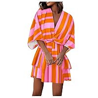 Summer Dresses for Women Fashion 1/2 Batwing Sleeve Layered Mini Dress V Neck Casual A Line Vacation Short Dresses