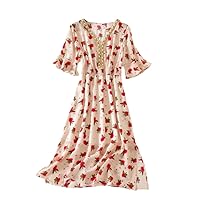 100% Mulberry Silk Dress Women Summer Print Midi Dress V Neck Half Sleeve Beading A-Line Robe