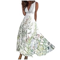 Summer Dresses for Women 2024 Printed Flowy Ruched Boho Sundresses Wrap V Neck Sleeveless Beach Dresses Maxi Dress