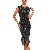 Yellow Dress Women Short Sleeve,1920s Knee Length Flapper Party Dress Tassels Hem Sequined Cocktail Dresses Wit