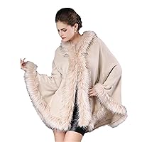 Full Trim Faux Fur Cape Coat Hooded Shawl Women Winter Knit Acrylic Cashmere Cardigan Loose Cloak Overcoat