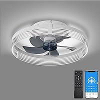 Low Profile Ceiling Fan with Lights: 15.7'' Flush Mount Ceiling Fan with Remote, Dimmable LED 3 Color 6 Speeds Reversible Smart Modern Bladeless Ceiling Fans for Bedroom Living Room Kitchen, White