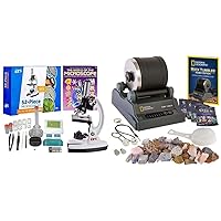 AmScope - 1200X 52-pcs Kids Student Beginner Microscope Kit & National Geographic Hobby Rock Tumbler Kit - Includes Rough Gemstones, 4 Polishing Grits, Jewelry Fastenings, Learning Guide