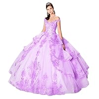 Women's Off Shoulder Tiered Tulle Quinceanera Dress Lace Gold Appliqued Sequins Princess Ball Gowns