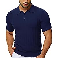 Mens Knitted Polo Golf Shirt Classic Fit Casual Summer Short Sleeve Button Up Stretch Work Shirts with Chest Pocket
