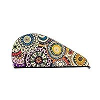 BREAUX Ethnic Circles Floral Pattern Coral Fleece Hair Drying Cap, Microfiber Hair Towel for Women's Wet Hair, Quick Drying Turban