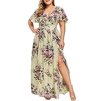 Women's Bohemian Beach Foral Print Hawai V-Neck Trendy Dress Casual Summer Short Sleeve Long Floor Maxi Flowy Swing
