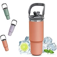 30oz Tumbler with Handle and 2-in-1 Straw Lid, Stainless Steel Iced Coffee Cup Car Tumbler, Double Vacuum Insulated Tumblers Water Bottle for Commute Travel Outdoor or Office, Cold & Iced, Orange