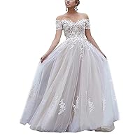 Melisa Women's Off Shoulder Long Wedding Dresses for Bride 2022 Train Lace Applique Sweetheart Bridal Ball Gowns Pale Champagne