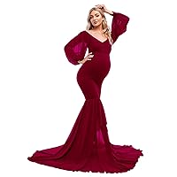 ZIUMUDY Maternity Fitted Mermaid Gown for Photoshoot Long Sleeve Tiered Chiffon Skirt Photo Props Dress