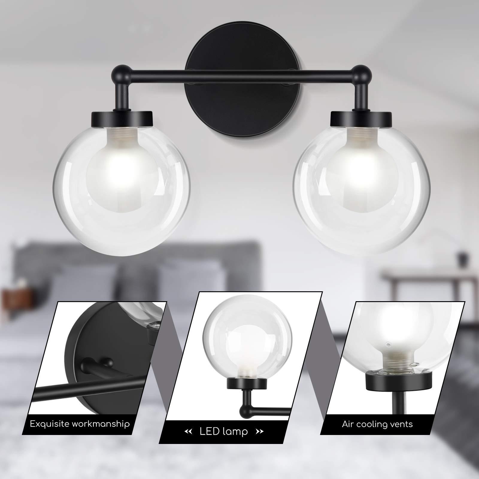 Bathroom Light Fixtures, 2 Light Matte Black Vanity Light Wall Sconce light with 2 G9 Led bulb with Glass Shade, 3.15 Inch 650LM Modern Wall Lamp for Bath Vanity Living Room Hallway Kitchen Bar Stairs