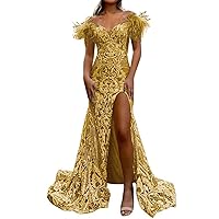 Sequin Mermaid Prom Dress with Feathers Sparkly Off The Shoulder Slit Long Formal Dress Ball Gowns for Women