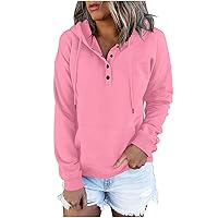 Women's Pullover Hoodies Tops Casual Button Down Long Sleeve Sweatshirts Solid Color Pullover Sweater with Pocket